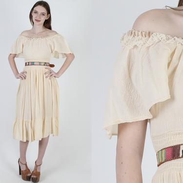 Vintage 70s Ethnic Peasant Dress Ivory Gauze Off Shoulder Embroidered Lace Mini Dress 