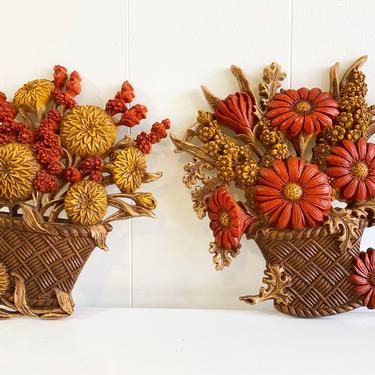 Vintage Burwood Flower Basket Plastic Wall Hangings Floral Flowers Red Set of Two (2) 1970s 70s Dart Homco Boho Retro Syroco Decor Kitsch 