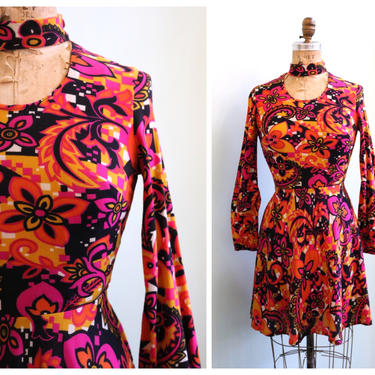 Vintage 1970's Bright Floral and Black Mini Cutout Dress | Size Extra Small 