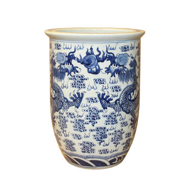 Chinese Blue White Double Dragons Scroll Pattern Tall Porcelain Pot ws888E 