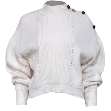 Joie - White Textured Knit Funnel Neck Sweater w/ Buttoned Shoulder Sz M