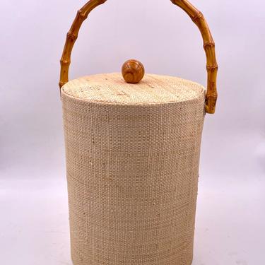 Hollywood Regency Grasscloth & Faux Bamboo Ice Bucket & Tongues