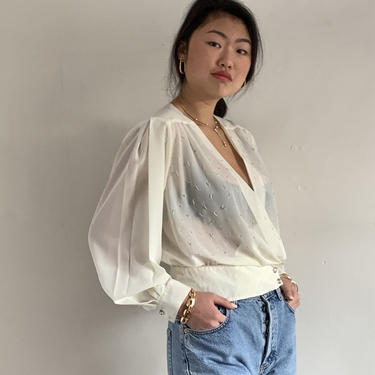 80s sheer cropped wrap blouse / vintage ivory sheer georgette puffed balloon sleeve cropped blouson wrap blouse | M 