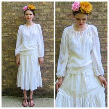 Boho White Blouse and Skirt Set / 80s Does 40s Peasant Blouse and Skirt Ensemble / Embroidered White on White Karen Alexander Chelsea / Med 