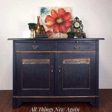 Navy Blue Buffet with Copper Details | Blue Buffet | Navy Blue Sideboard | Navy Blue Credenza | Vintage Buffet | Dining Room Furniture 
