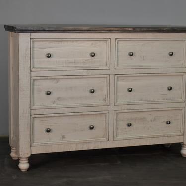 Rustic Farmhouse Distressed White Solid Wood 6-Drawer Dresser 