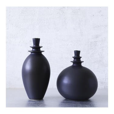 SHIPS NOW-  Seconds Sale- Set of 2 ceramic double flanged vases glazed in Matte Black by Sara Paloma Pottery.modern black matte vase set 