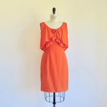 Vintage 1960's Tangerine Orange Shift Dress Accordion Pleated Bodice Rosette Sleeveless Style Cocktail Party 30&quot; Waist Medium 