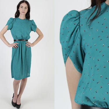 Vintage 80s Turquoise Floral Dress / Tiny Polka Dots / Floral Tulip Sleeve Secretary Mini Dress / Teal Elastic Waist Office Dress 