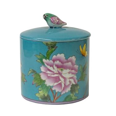 Contemporary Teal Blue Green Flower Painting Round Porcelain Box ws1253E 