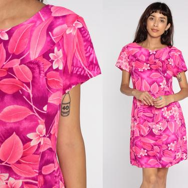 Neon Hawaiian Dress 70s Mini Floral Shift Mod Pink Purple Hippie 60s Boho Tropical Gogo Vintage Short Sleeve Go Go Bohemian Medium 