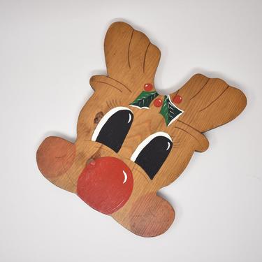 Vintage Rudolph Red Nosed Reindeer Wall Decoration | Wood Handmade Christmas Kitsch | 1960s 1970s 1980s Holiday Decorations | Red Green 