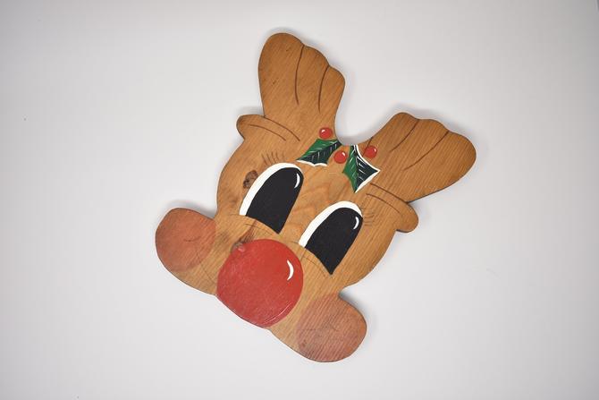 Vintage Rudolph Red Nosed Reindeer Wall Decoration | Wood Handmade Christmas Kitsch | 1960s 1970s 1980s Holiday Decorations | Red Green 