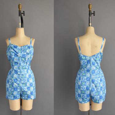 1950s vintage swimsuit | Catalina Blue Floral Print Summer Swimsuit Romper | XL | 50s swimsuit 