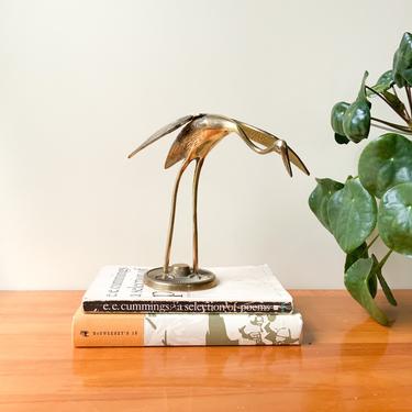 Mid Century Solid Brass Crane Figure / Vintage Gold Retro Bird Figurine / Heron Egret Table Top Home Decor Accent Statue 