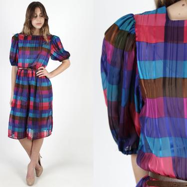 80s Rainbow Plaid Secretary Dress / Bright Color Checker Office Dress / Preppy Puff Sleeve Party Outfit / Checkered Knee Length Color Block 