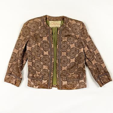 1940s 1950s Copper Brocade Jacket / Open Front / No Closures / Metallic / Damask / Medium / Shoulder Pads / Cropped / Paisley / Champagne / 