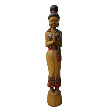 Hand Carved Solid Wood 29.5&amp;quot; Standing Tribal Style Prayer Greeting Lady Figure n275E 