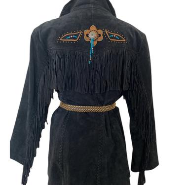 Vintage leather fringe jacket coat, tribal print black leather fringe coat, festival hippie bohemian vintage men’s women’s coat xl 14 / 16 