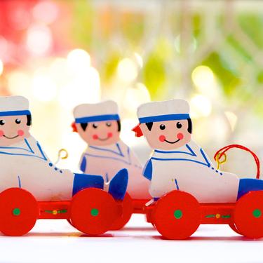VINTAGE: 1980s - 3pc - Wooden Sailor Ornaments - Holiday, Christmas - Pull Toy Ornament - SKU 30-400-00033638 