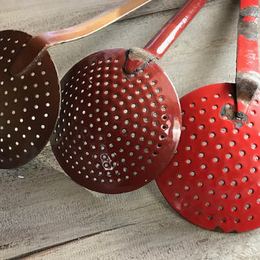 1 French Enamel Sieve Spoon, Pasta Ladle, Rustic French Farmhouse, 3 Available 