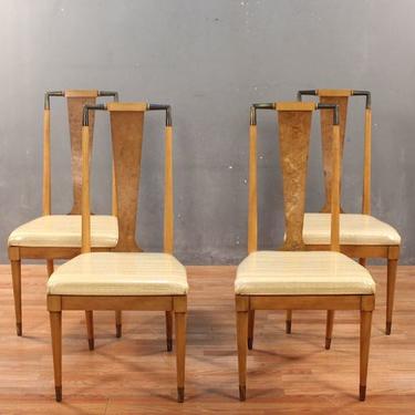 Set of 4 J.L. Metz Mid Century Burl &amp; Brass Dining Chairs – ONLINE ONLY