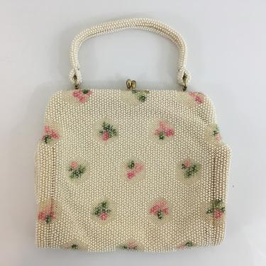 Vintage Lumured Corde Floral Embroidered Purse 1950s Petite Bead Bag Evening Handbag Wedding Beaded Change Kisslock Beads Made in USA 