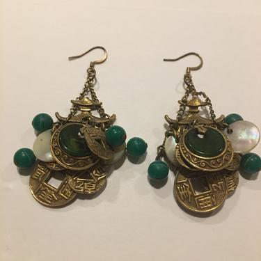1950s asian earrings, novelty earrings, charm earrings, vintage 50s earrings, repurposed earrings, ethnic style earrings, green and gold 