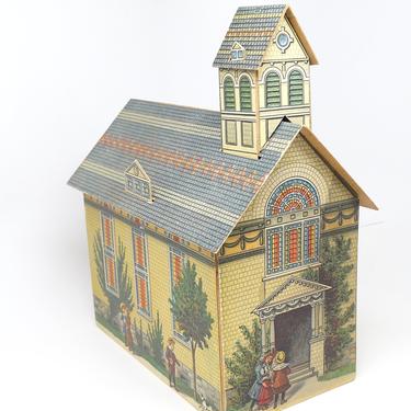 Vintage Large 9 Inch 1897 Logan Village  Church House, by Mcloughlin Bros. Antique Cardboard Lithograph, Great for Chirstmas 