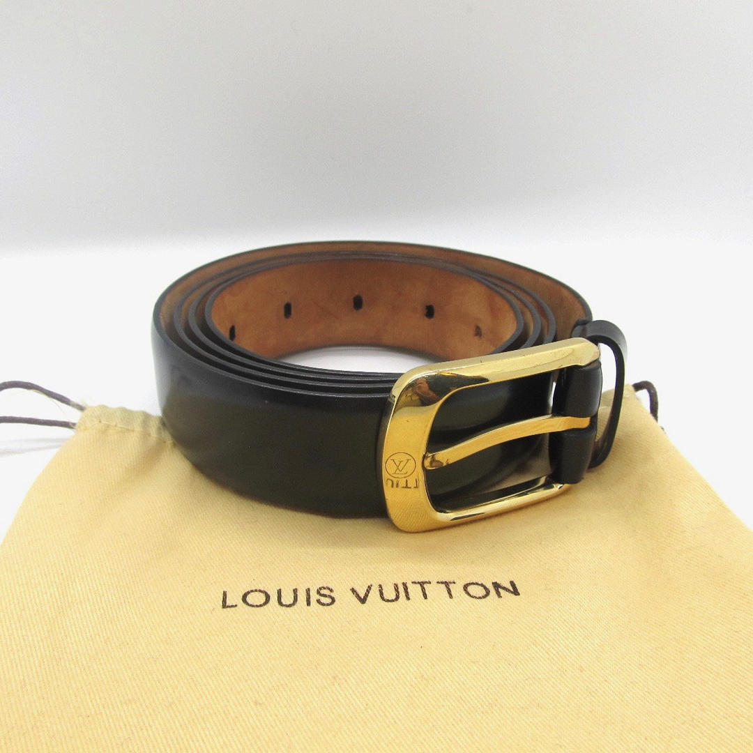 LOUIS VUITTON Mens Black Leather Belt w/ Brass Gold Tone Buckle CT0064, Made in Paris France ...