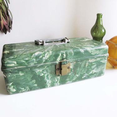 Vintage 60s Green Marble Acrylic Tackle Box - Fisherman Small Tackle Box - Jewelry Makeup Organizer Box - Plano Moulding Co - 