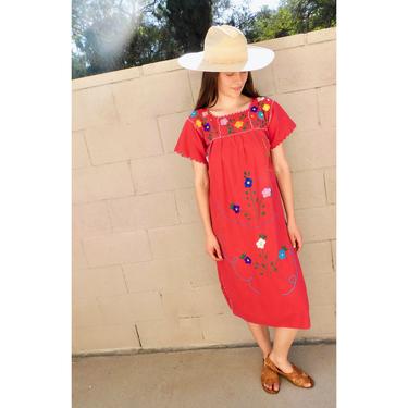 Hand Embroidered Mexican Dress // vintage sun midi embroidered floral 1970s boho hippie cotton hippy red // S/M 