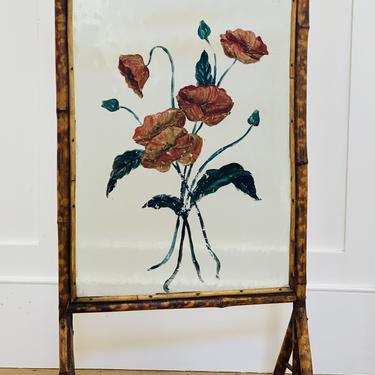 Antique English Bamboo Reverse Hand Painted Glass Fire Screen