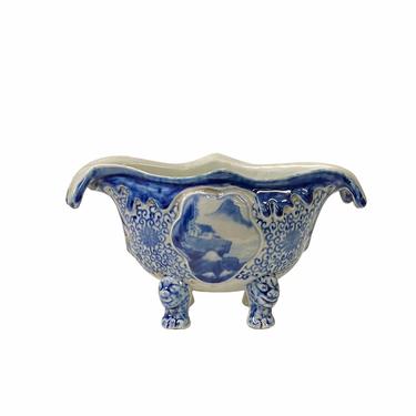 Chinese Oriental Blue Off White Porcelain Graphic Container Planter ws1793E 