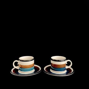 Vintage Mid Century Modern Arabia of Finland Lot of 2 Cups and Saucers KAIRA Blue, Brown & White Finnish Design Anja Jaatinen Winquist 