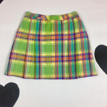 1970's pleated summer plaid rainbow mini skirt skort 70's A-line flared pleat colorful pique cotton preppy sporty sun skirt high waist 28 29 
