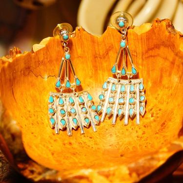 Vintage TAXCO Sterling Silver Petit Point Turquoise Chandelier Earrings, Mexico 925, Pierced Dangle Turquoise Earrings, 2 1/2&amp;quot; L 