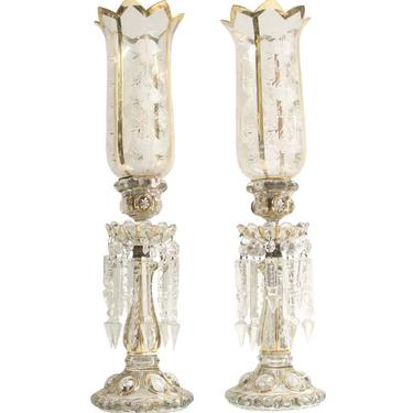 Antique Bohemian Czech Crystal Mantle Candlestick Lamps