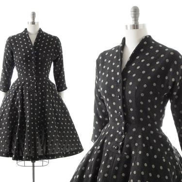 Vintage 1950s Shirt Dress | 50s Polka Dot Wool Dark Grey Fit and Flare Winter Shirtwaist Day Dress with Pockets (small/medium) 
