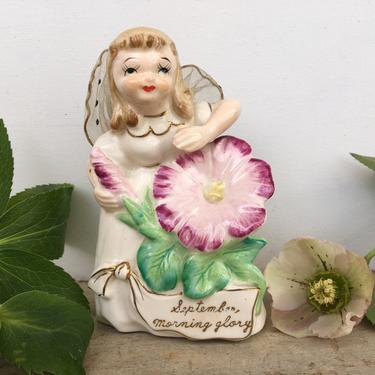 Vintage September Birthday Angel With Morning Glory, September Mornning Glory Angel With Net Wings, Made In Japan 