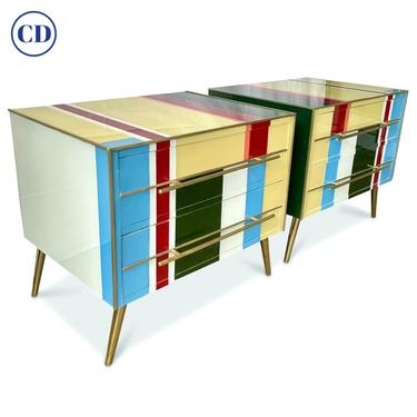 Italian Custom Pair of Mondrian Style Blue Green Yellow Glass Chests/End Tables
