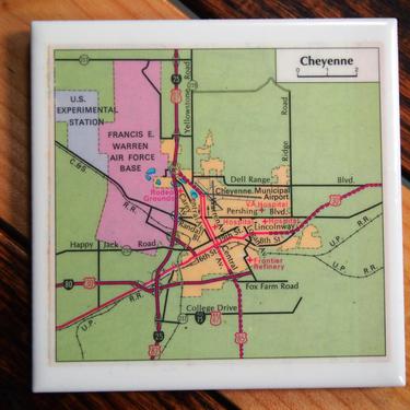 1971 Cheyenne Wyoming Map Handmade Vintage Map Coaster - Ceramic Tile Coaster - Repurposed 1970s Wyoming State Road Map 