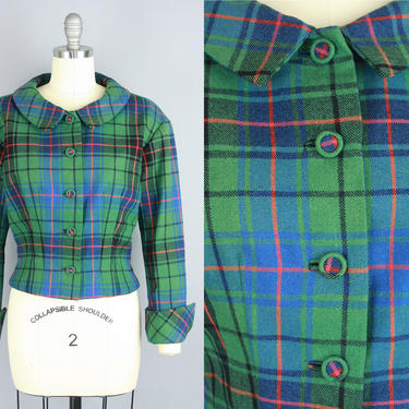 1950s Cropped PLAID Jacket | Vintage 50s Green &amp; Blue Wool Coat | medium 