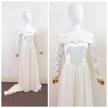 FINAL SALE /// 40s Satin White &amp; Ivory Wedding Gown / 1940s Vintage Off Shoulder Wedding Dress / Medium 