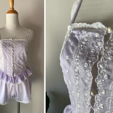 Vintage 1980s Lavender Shortie Pajamas Camisole Set Lingerie Loungewear | Size XS/S 