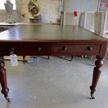 ANTIQUE ENGLISH MAHOGANY LIBRARY TABLE WITH TOOLED LEATHER TOP
