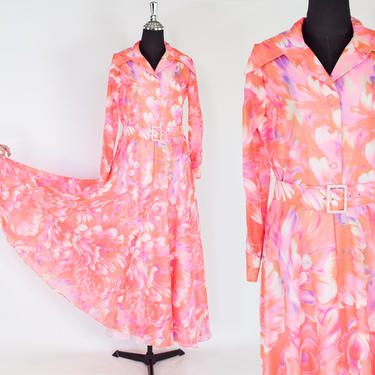 1970s Pink &amp; Orange Maxi Dress | 70s Pink Hostess Dress | Avalon Classic | Medium 