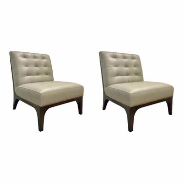 Global Views Modern Tufted Gray Leather Slipper Chairs - a Pair