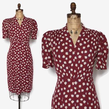 Vintage 30s Cotton Day Dress / 1930s - 40s Novelty Print Leaf Leaves Puff Sleeve Dress 