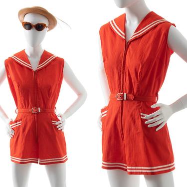 Vintage 1940s 1950s Romper | 40s 50s Nautical Sailor Collar Red Cotton Shorts Playsuit with Pockets (small/medium) 